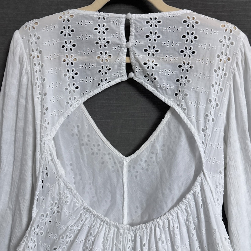Free People Dress M White Eyelet Tiered Midi Boho Balloon Open Back Festival - Picture 6 of 13